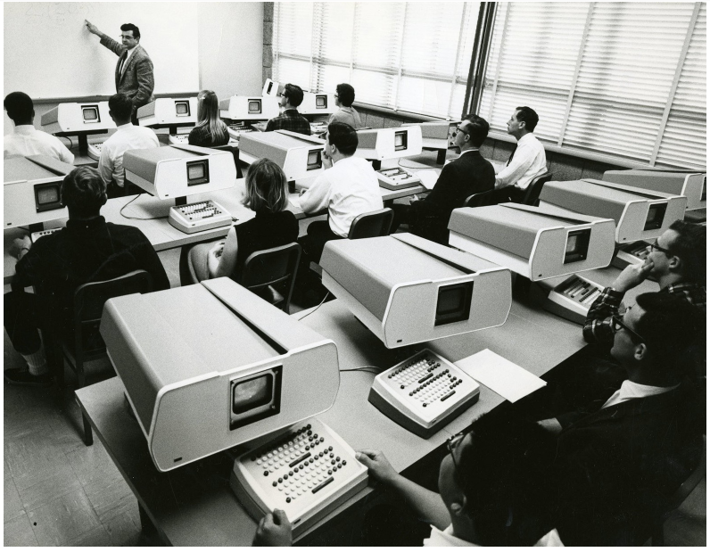 Students use terminals in a University of California, Santa Barbara classroom in 1966.