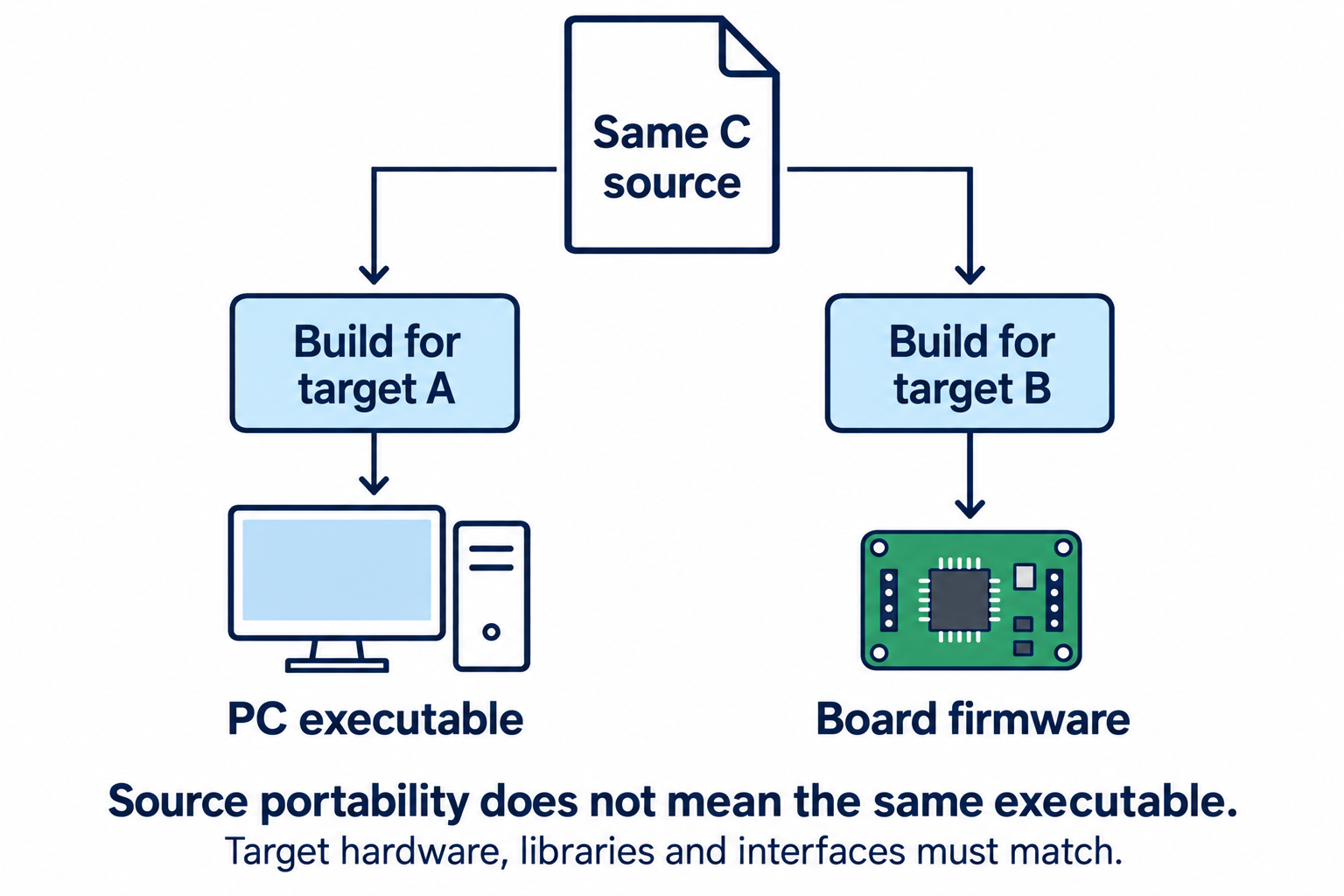 The same source-level idea may be built for different targets. Matching libraries, interfaces and language support are still required.