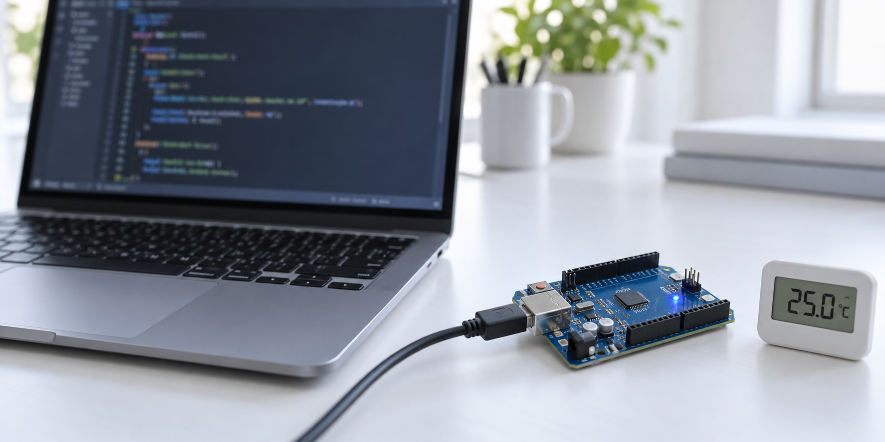 Conceptual illustration of a PC program beside a board. A temperature-looking display does not by itself show how data was measured or transferred.