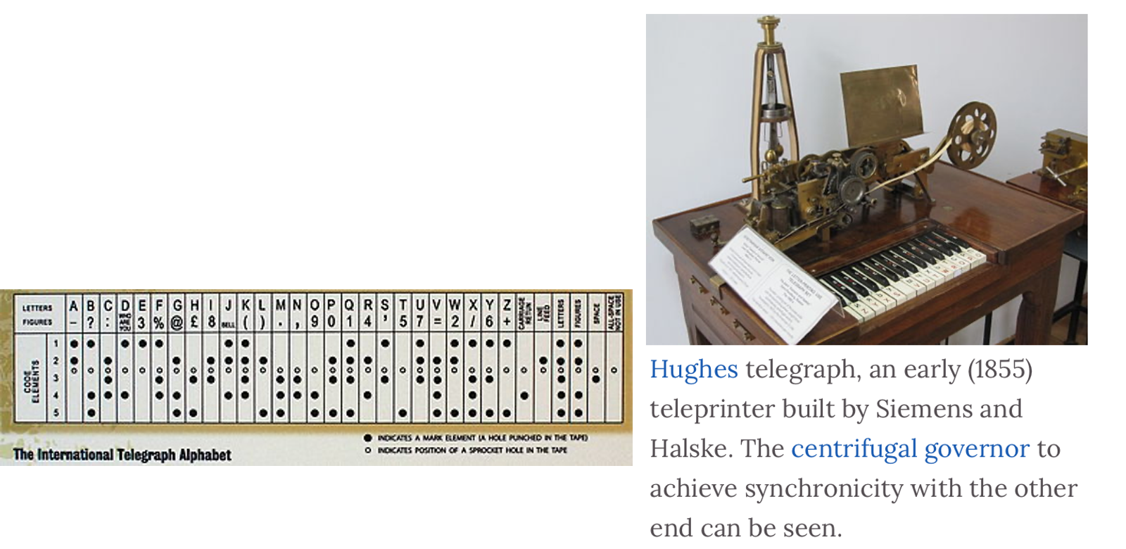 The Hughes printing telegraph and a separate teleprinter code chart. These are related historical developments, not proof that the Hughes mechanism used the pictured code.