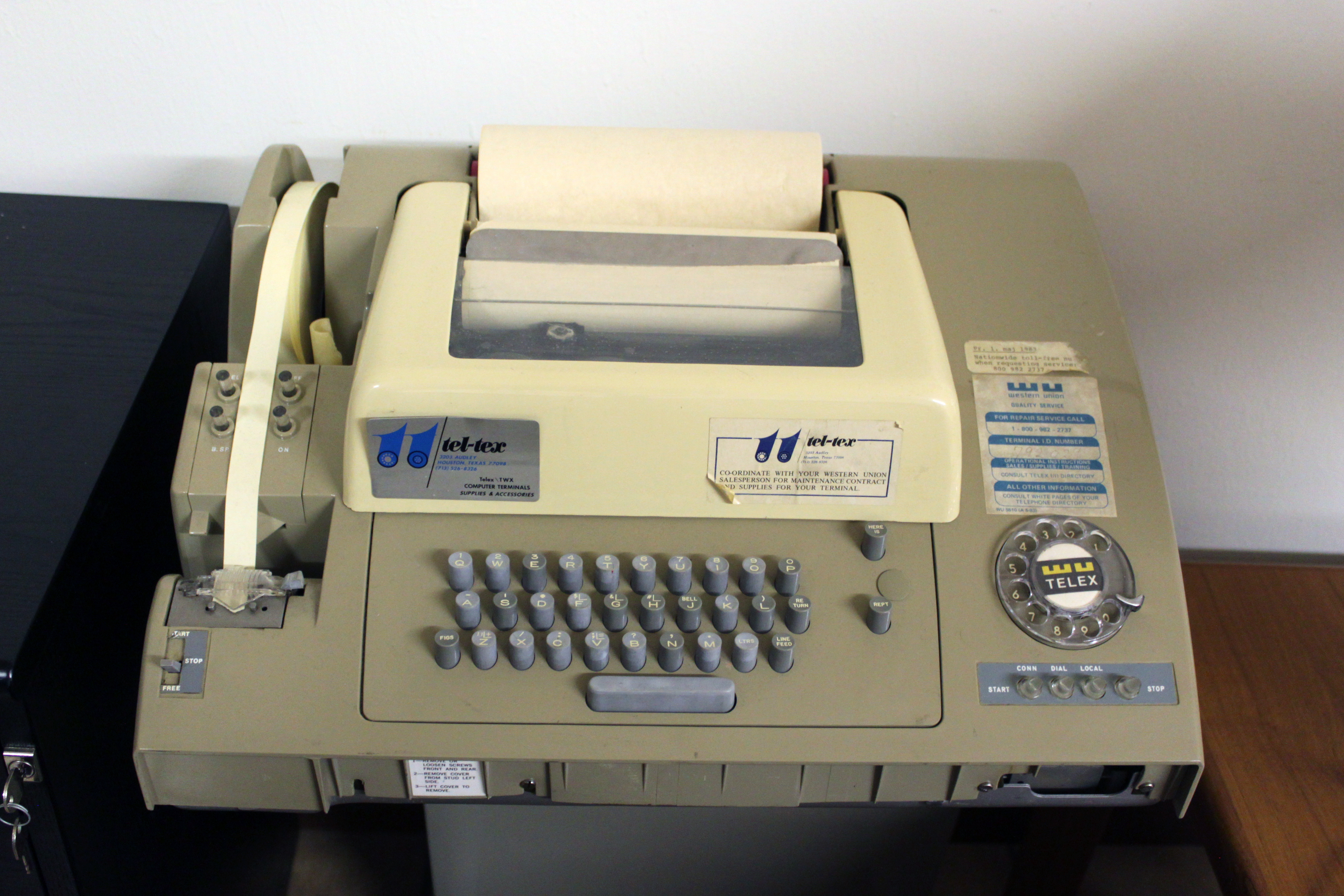A telex terminal: a switched service selects the distant terminal instead of requiring a dedicated direct wire to every recipient.