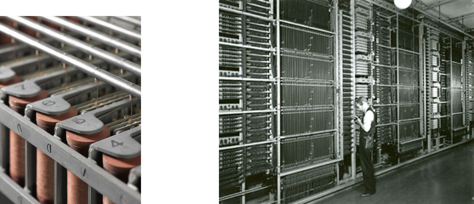 Original photographs of physical switching equipment. Selected inputs and outputs can be connected by switching mechanisms.