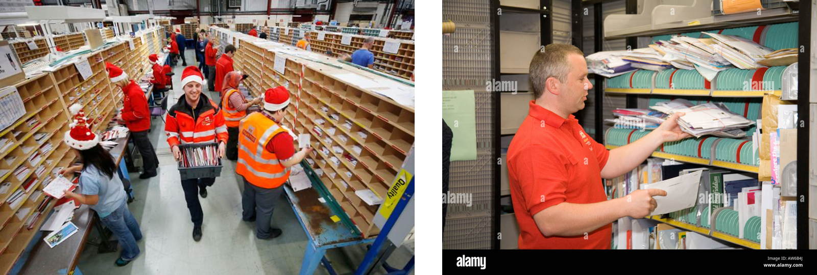 The postal sorting analogy: receive an item, inspect delivery information and forward toward another stop. The original photographic credits are retained.