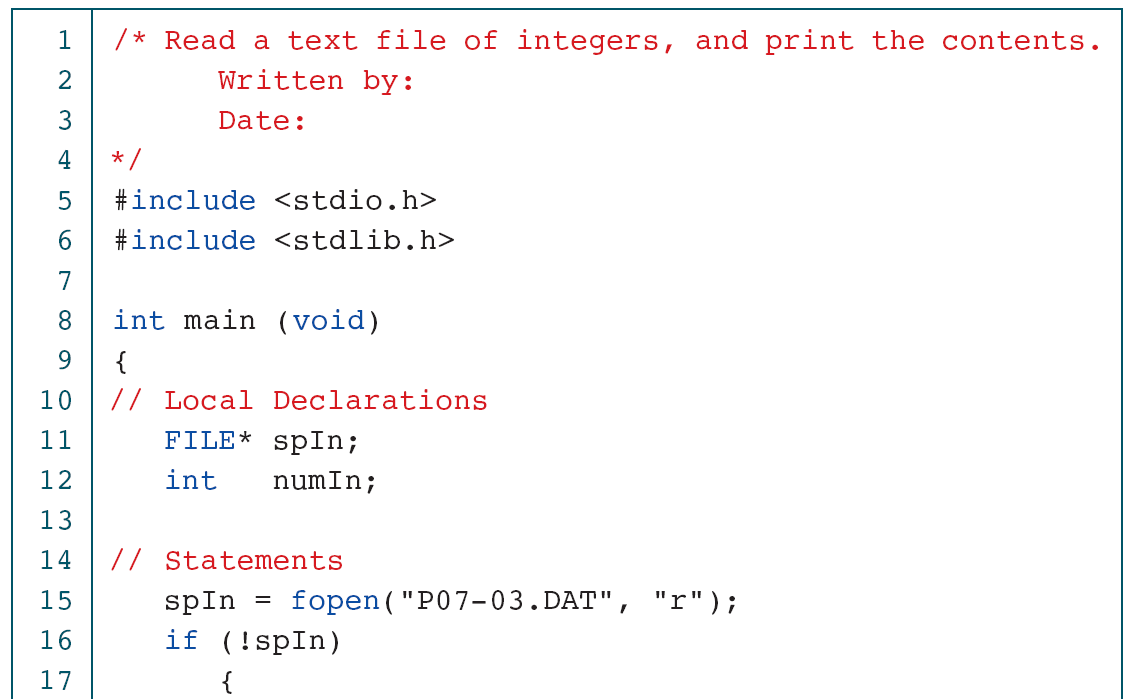Reading integers: declarations and opening.