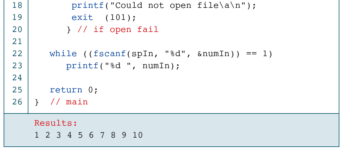 Reading integers: loop and displayed result. Check the assignment count and ferror when input stops; check output failures too.