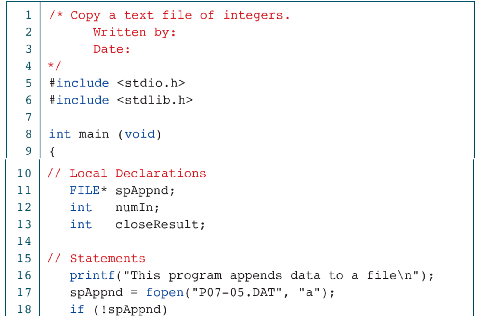 Appending integers: setup and append-mode open.