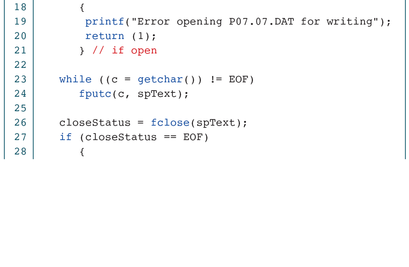 Character loop: keep getchar’s result in int, check writes, and distinguish input errors from normal EOF.