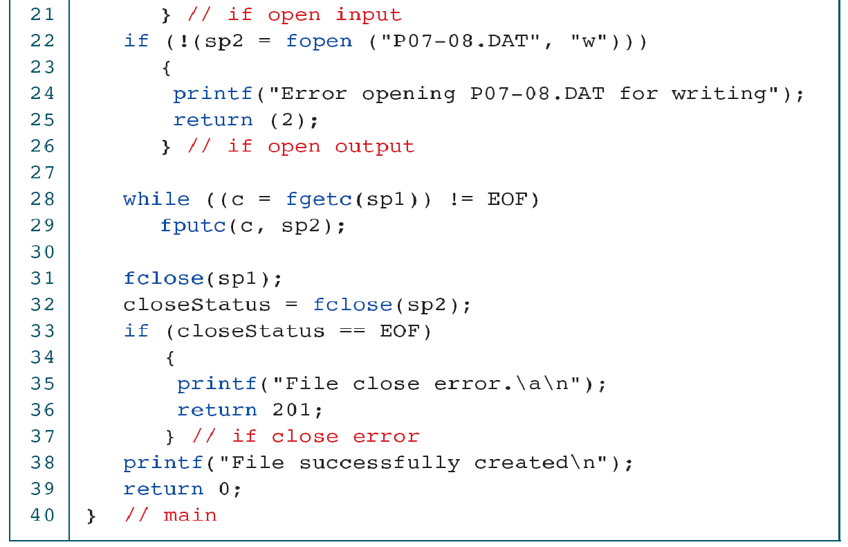 Text-copy loop and close. Check fgetc/fputc outcomes and stream status rather than assuming exhaustion means success.