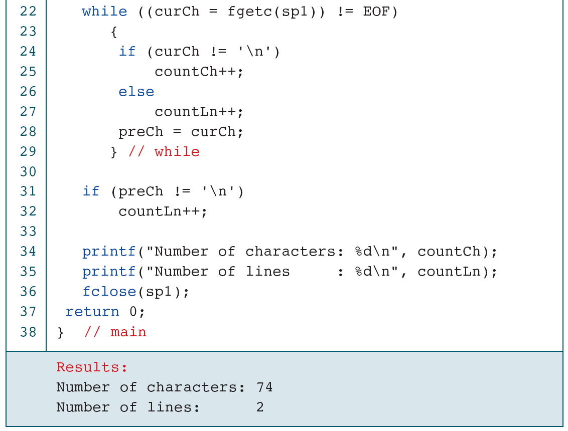Counter correction: preCh is unset for an empty file. Initialize state and track whether any character was read before inspecting the last character.