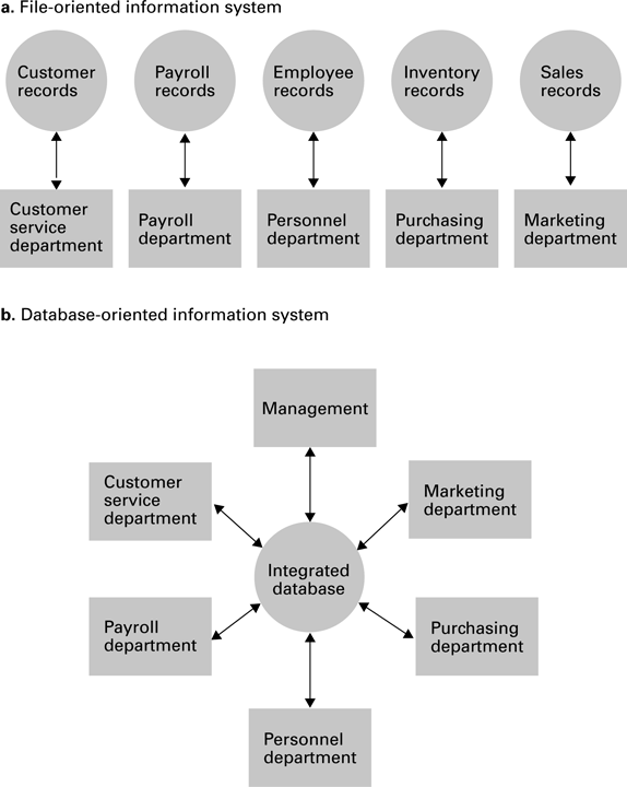 A database can support several views of related information. Its storage still uses files.