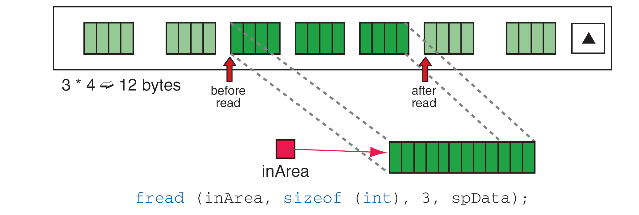 fread returns the number of complete elements read. The 12-byte calculation assumes sizeof(int) is 4.