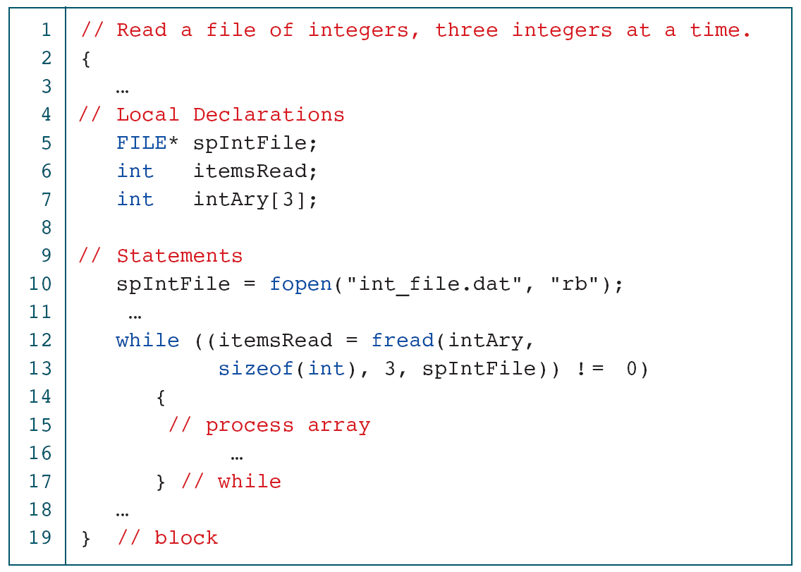 Check fopen before use, process only the returned element count, inspect ferror and close the stream.