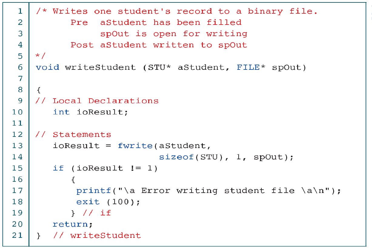 The original exits on a short write. Library-style code can instead report failure so the caller performs cleanup.