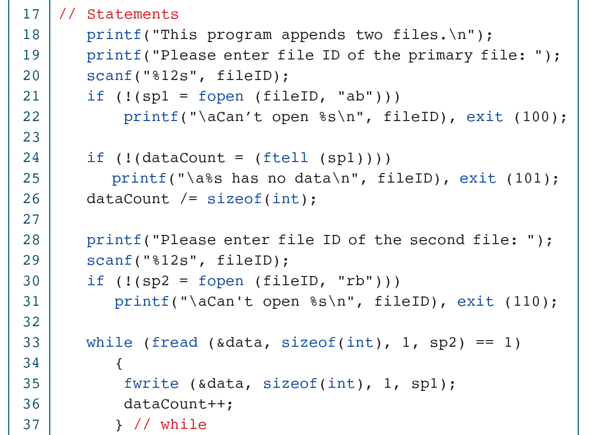 Check scanf, ftell, every write and read status. Opening in append mode alone does not give a portable file-size query.