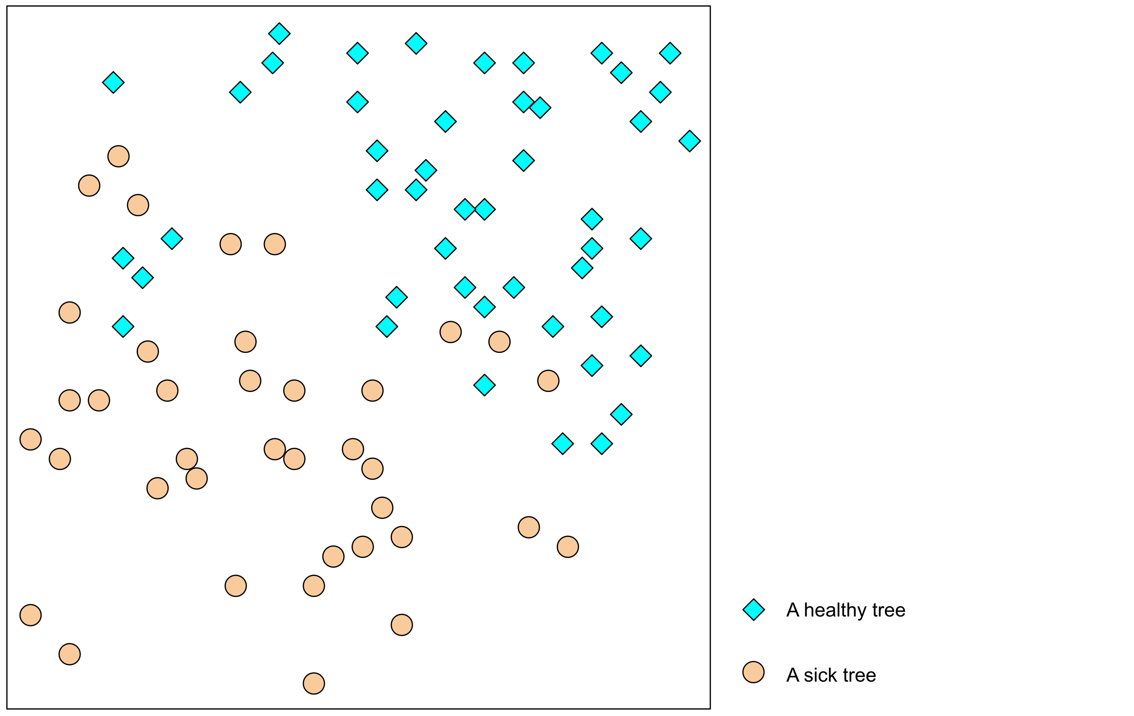Diamonds and circles mark two classes of trees. Diagram: Google ML Crash Course, CC BY 4.0.