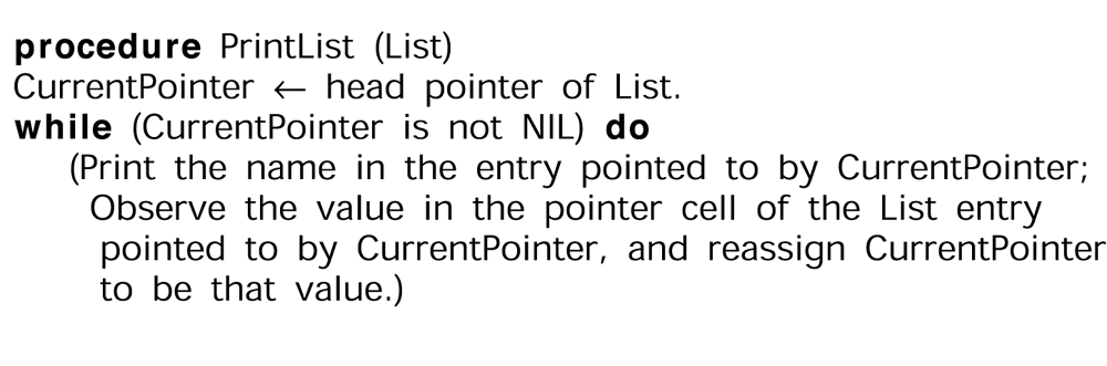 The source uses pseudocode. The C version checks the pointer before accessing the node.