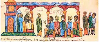 A manuscript scene of learned discussion