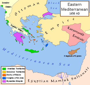 Eastern Mediterranean political map, labelled 1450