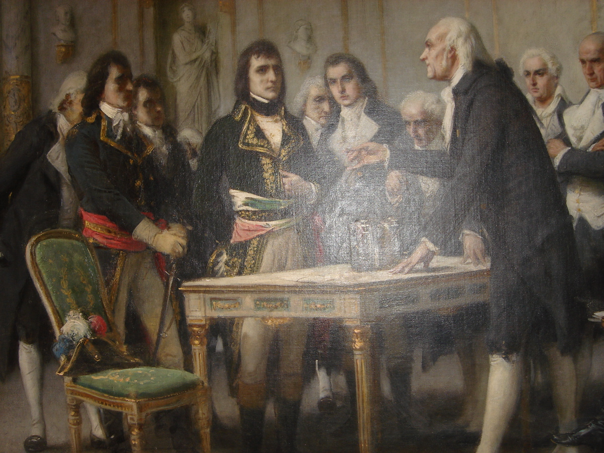 A later representation of Volta demonstrating to Napoleon in 1801