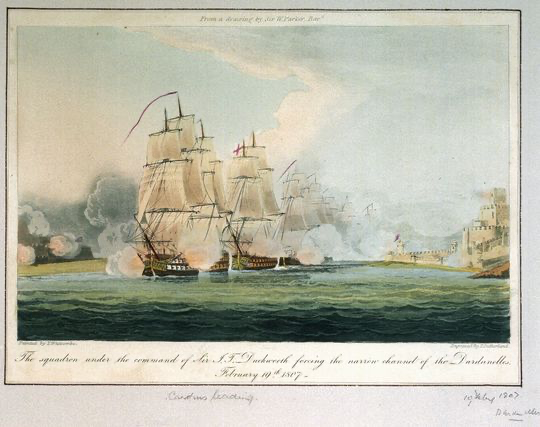A historical depiction of naval action in the Dardanelles