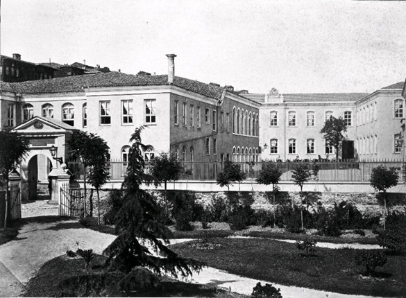 The Mühendishâne-i Berrî-i Hümâyûn and Hendese-i Mülkiye buildings at Halıcıoğlu. Late Ottoman photograph, Abdülhamid II collection, IRCICA; reproduced in İTÜ Dergisi, 250. Yıl Külliyatı special issue, pp. 78–79.