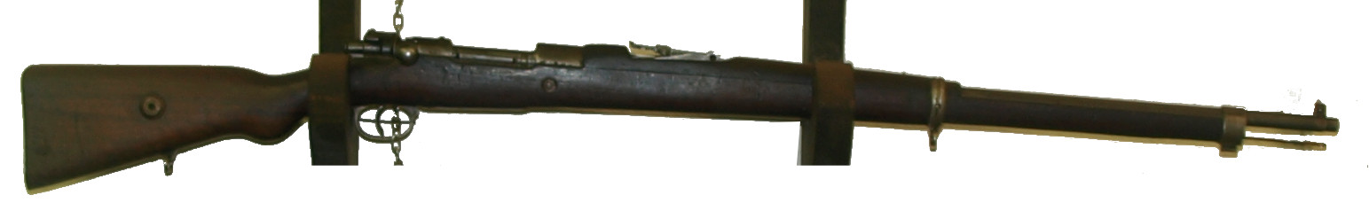 Ottoman Mauser Model 1903, 7.65 mm, displayed at Ouvrage Hackenberg. Photograph: Morten Jensen, 2013; white-background derivative by Le Petit Chat. CC BY 2.0 (https://creativecommons.org/licenses/by/2.0/). Converted to PNG; no additional image alteration.