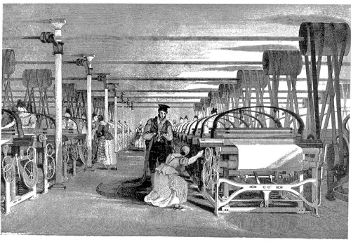 Textile machinery, workers and overhead power transmission