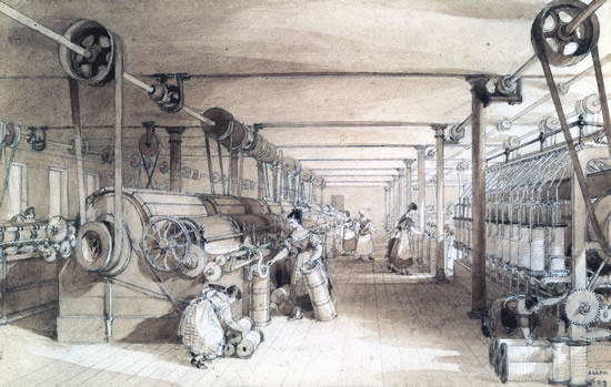Factory machinery driven through shafts and belts