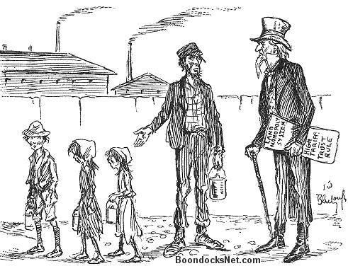 Cartoon contrasting a factory owner and working children