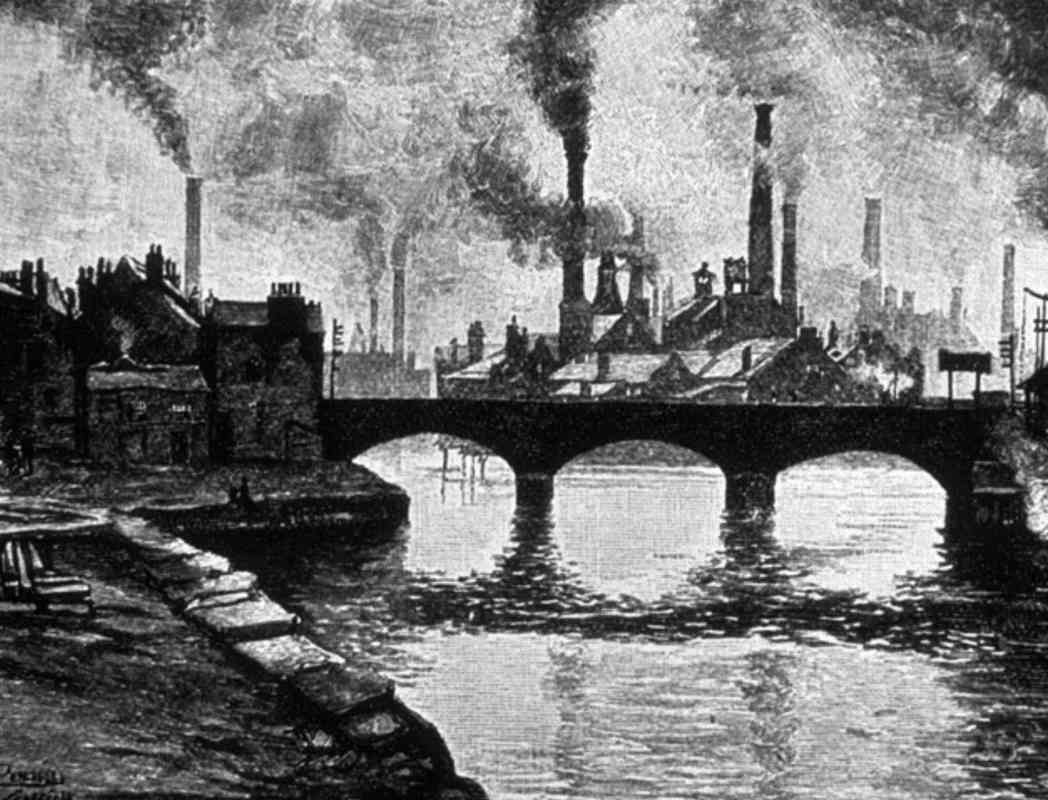 Industrial landscape with chimneys, river and bridge