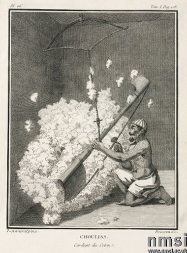Preparing cotton fibers: Indian cotton carder, 1774–1781