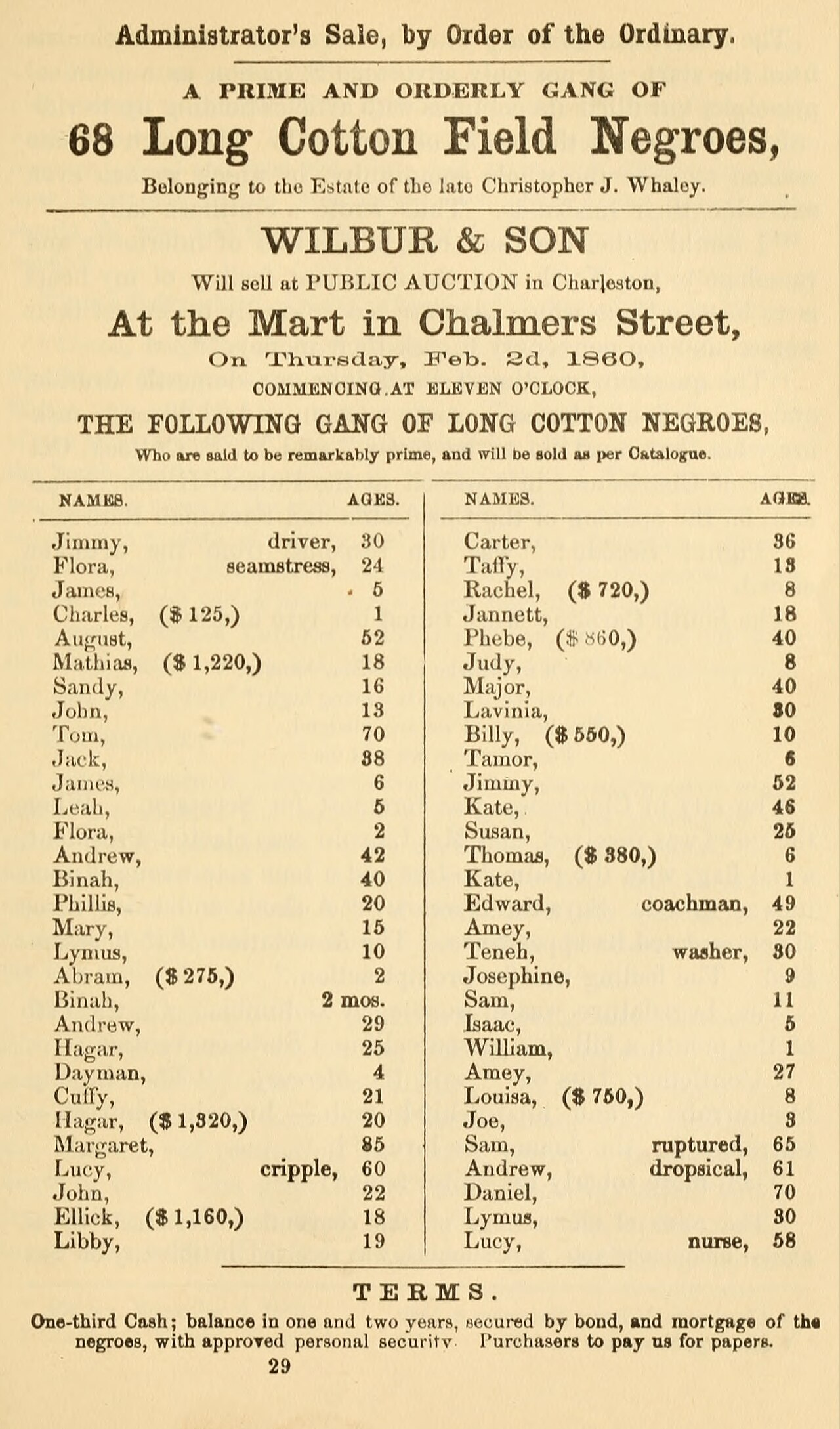 Charleston auction advertisement for enslaved cotton workers, 1860