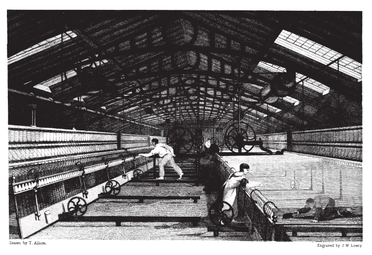 Workers and machinery in a spinning mill — Baines, 1835
